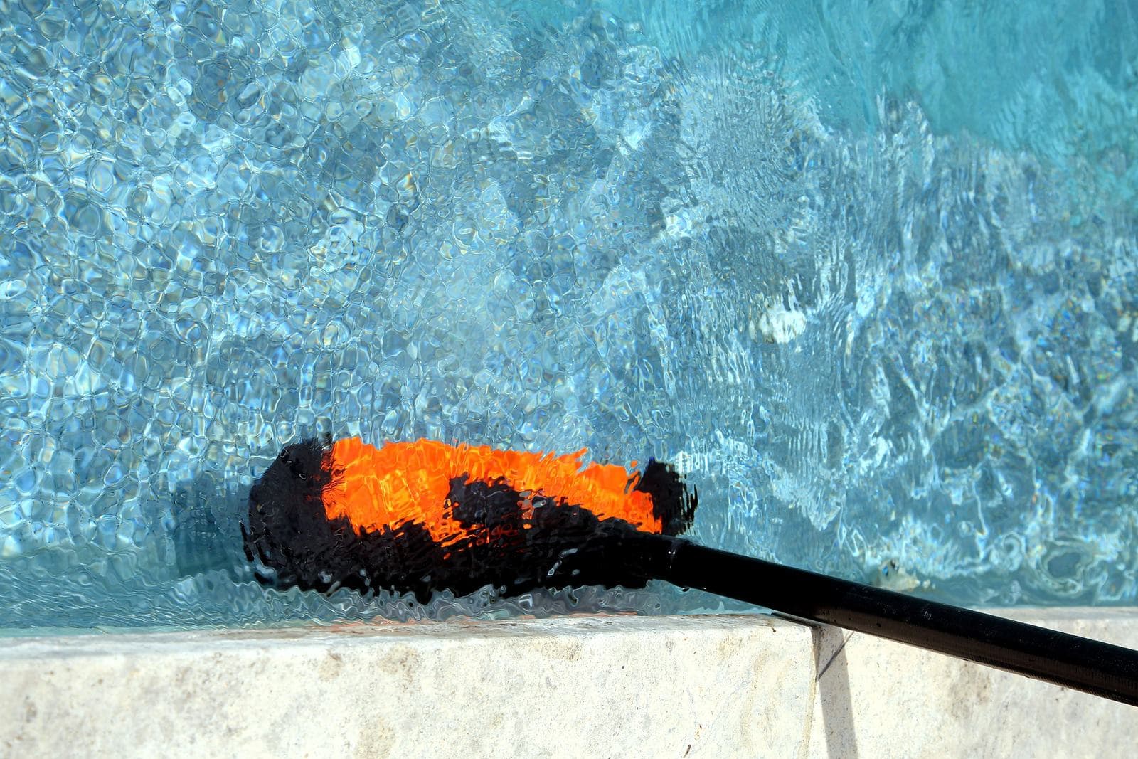 Pool brush cleaning the tile and waterline of a clear blue residential pool during a Purple Frog Pools weekly visit