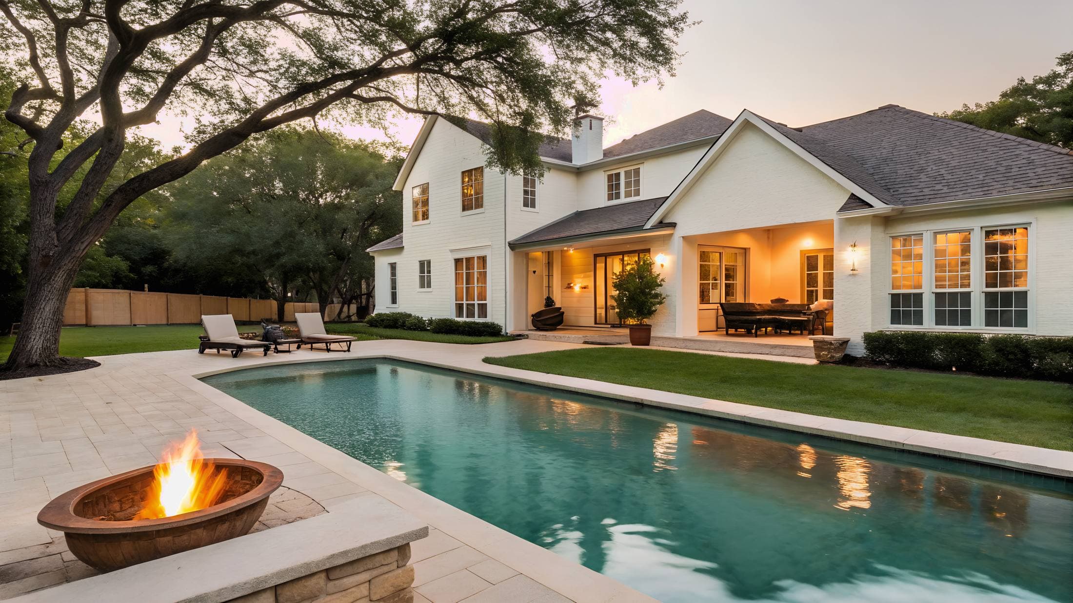 Backyard pool serviced by Purple Frog Pools in Aledo, TX — dusk view with fire pit, lit patio, and Texas hardwoods