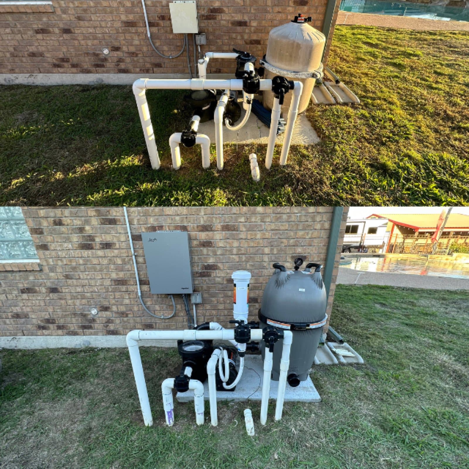 Before-and-after of a pool equipment pad upgraded by Purple Frog Pools — old gear replaced with a new pump, filter, and valves