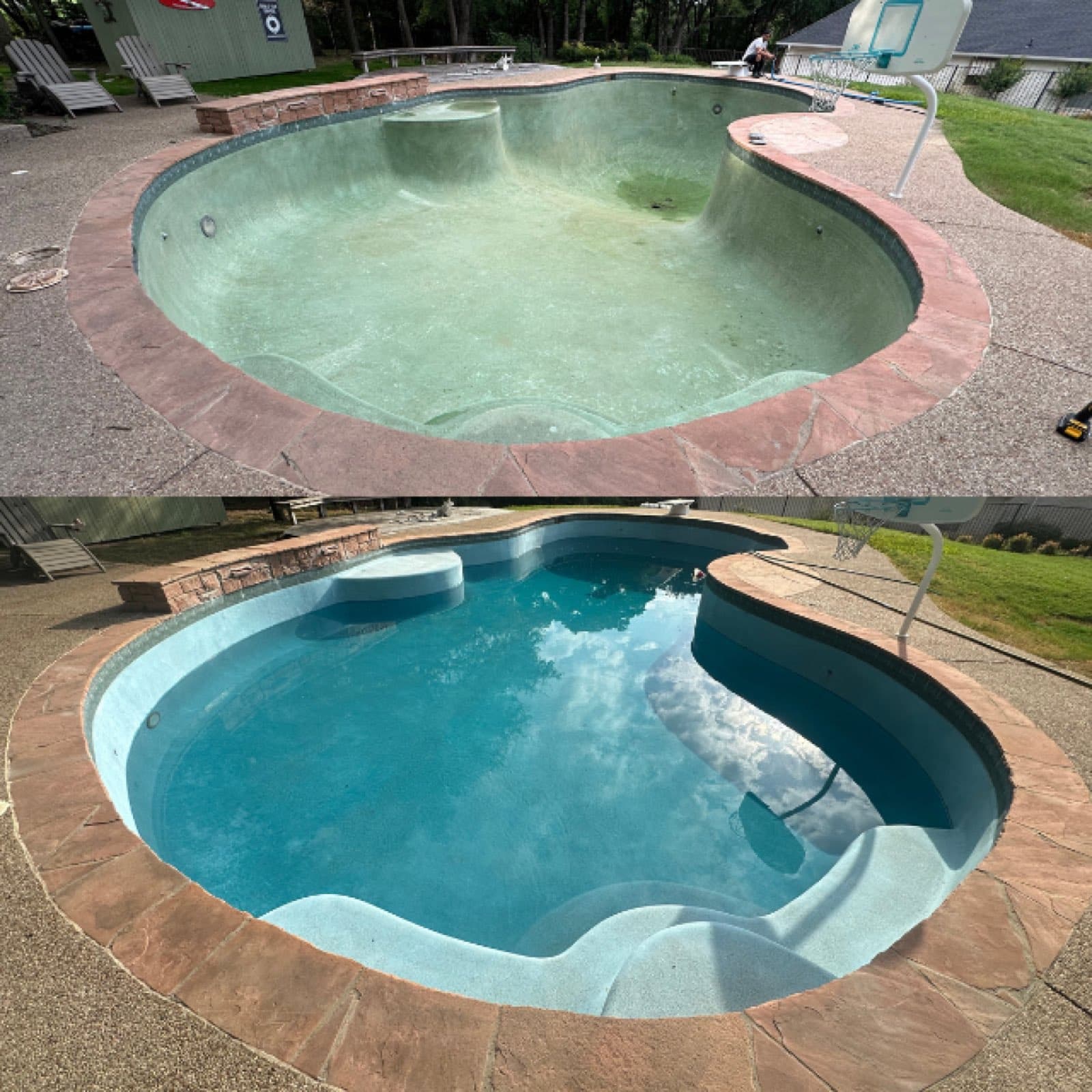 Before-and-after of a pool remodel by Purple Frog Pools — worn plaster resurfaced and refilled with clear blue water